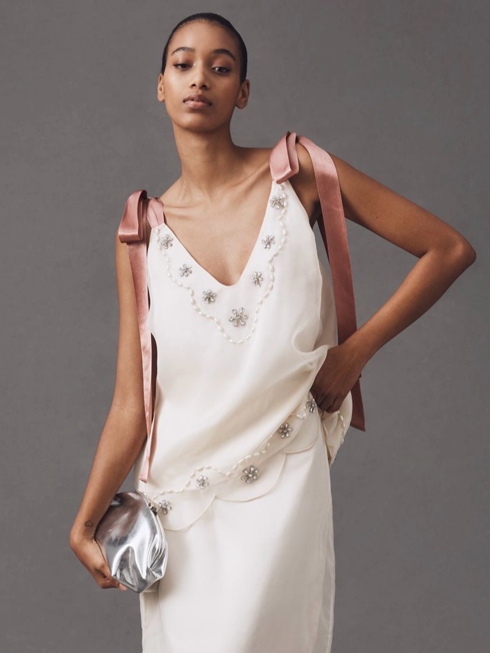Anthropologie tie strap crystal cream tank top